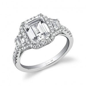 A similar ring by Sylvie Collection with a pave band instead of a solid one.