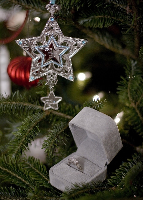 engagement ring in christmas tree proposal ornamenent