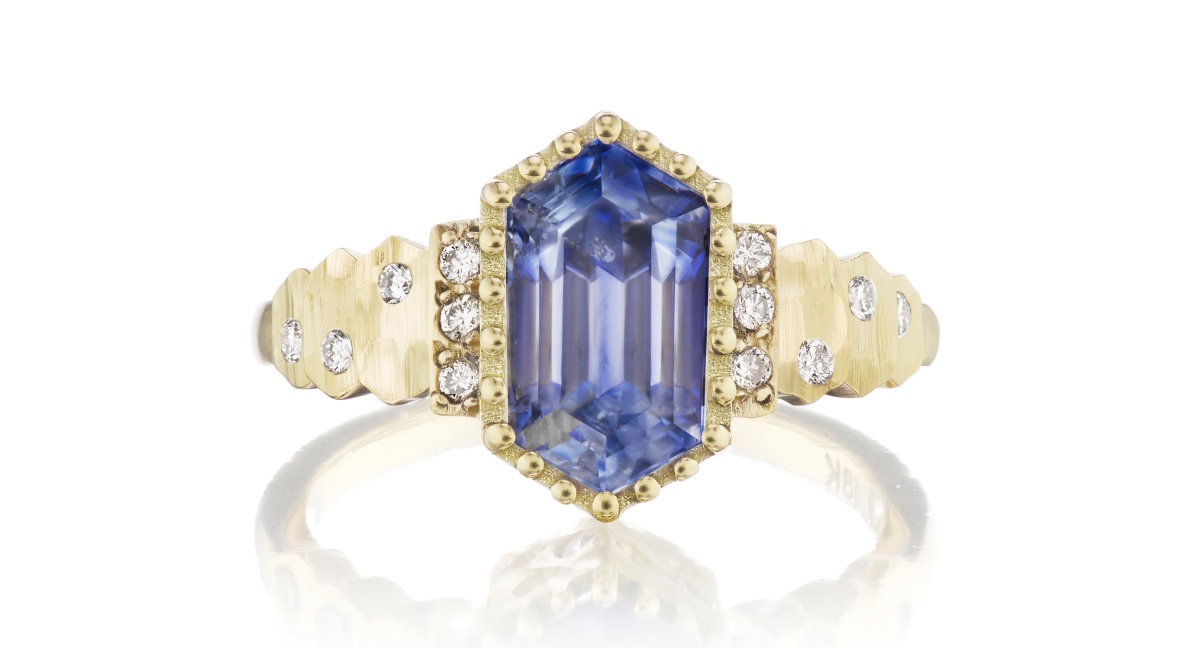 Light Blue Long Hex Sapphire Steps Ring- Top View